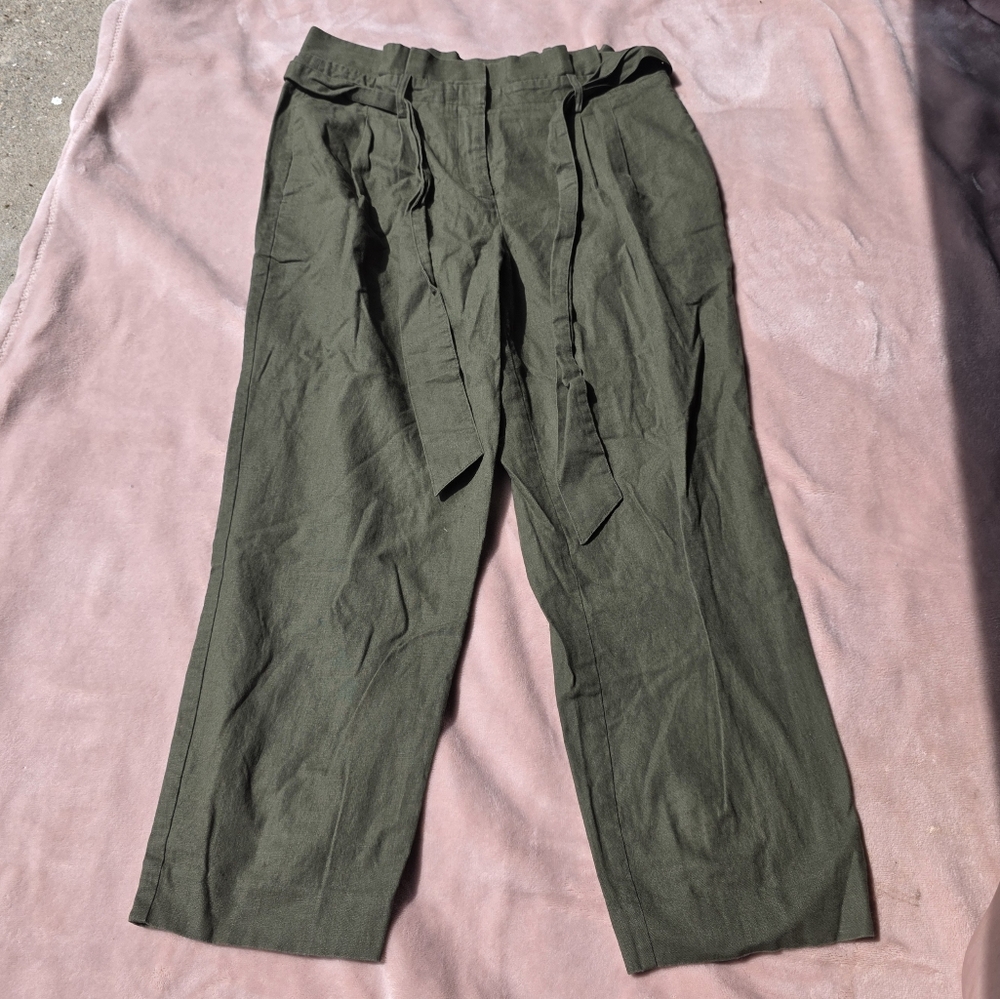 Boden Women pants army green tie waist paperbag linen blend 8R size 8 lagenlook
